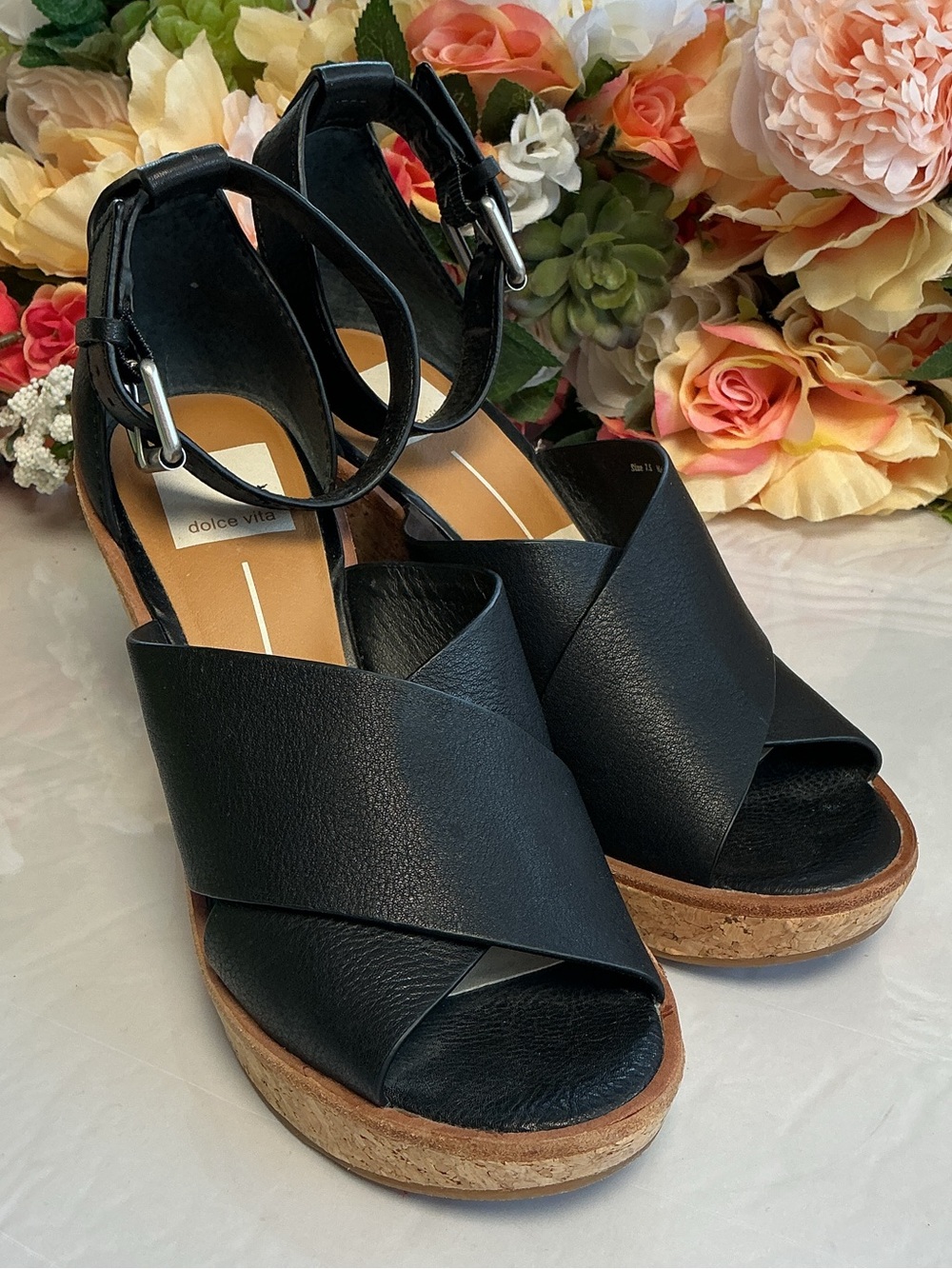 💕👡👠💕 Dolce Vita Black Cork Wedge Sandals Ankle Strap Women’s Size 7.5